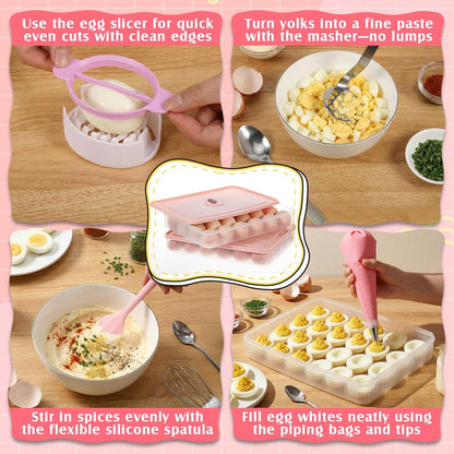2 Pack Deviled Egg Container with Lid and Piping Bags and Tips Set Portable Plastic Deviled Egg Tray Carrier Organizer Reusable Cake Decorating Kit for Home Easter Party Kitchen Fridge