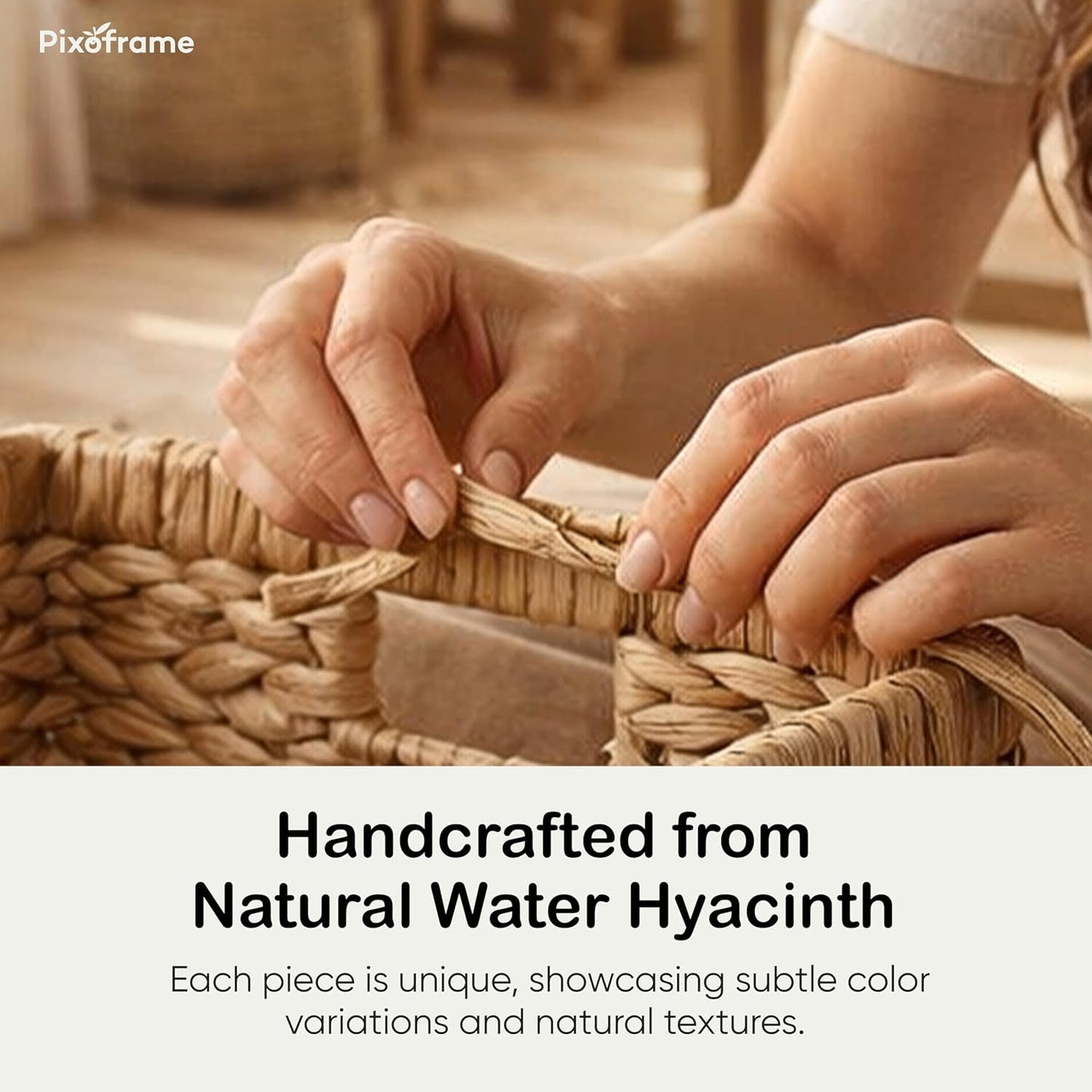 Medium Rectangular Handwoven Wicker Basket - Water Hyacinth Storage Baskets with 2 Polished Wooden Handles for Store Hand Towel, Fruits & Veggies etc – 10.75"x15.25"x5" - Pack of 2 - Natural
