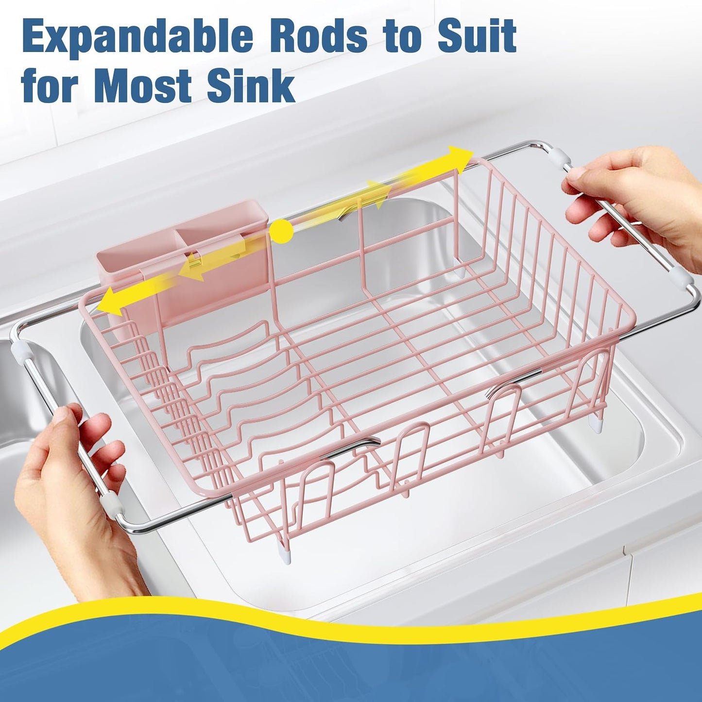 JASIWAY Dish Drying Rack in Sink, Expandable Stainless Steel Dish Drainers for Kitchen Counter, Dish Dryer Rack for Inside Sink, Over The Sink Dish Racks with Utensil Holder, Silver