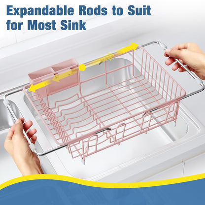 JASIWAY Dish Drying Rack in Sink, Expandable Stainless Steel Dish Drainers for Kitchen Counter, Dish Dryer Rack for Inside Sink, Over The Sink Dish Racks with Utensil Holder, Silver