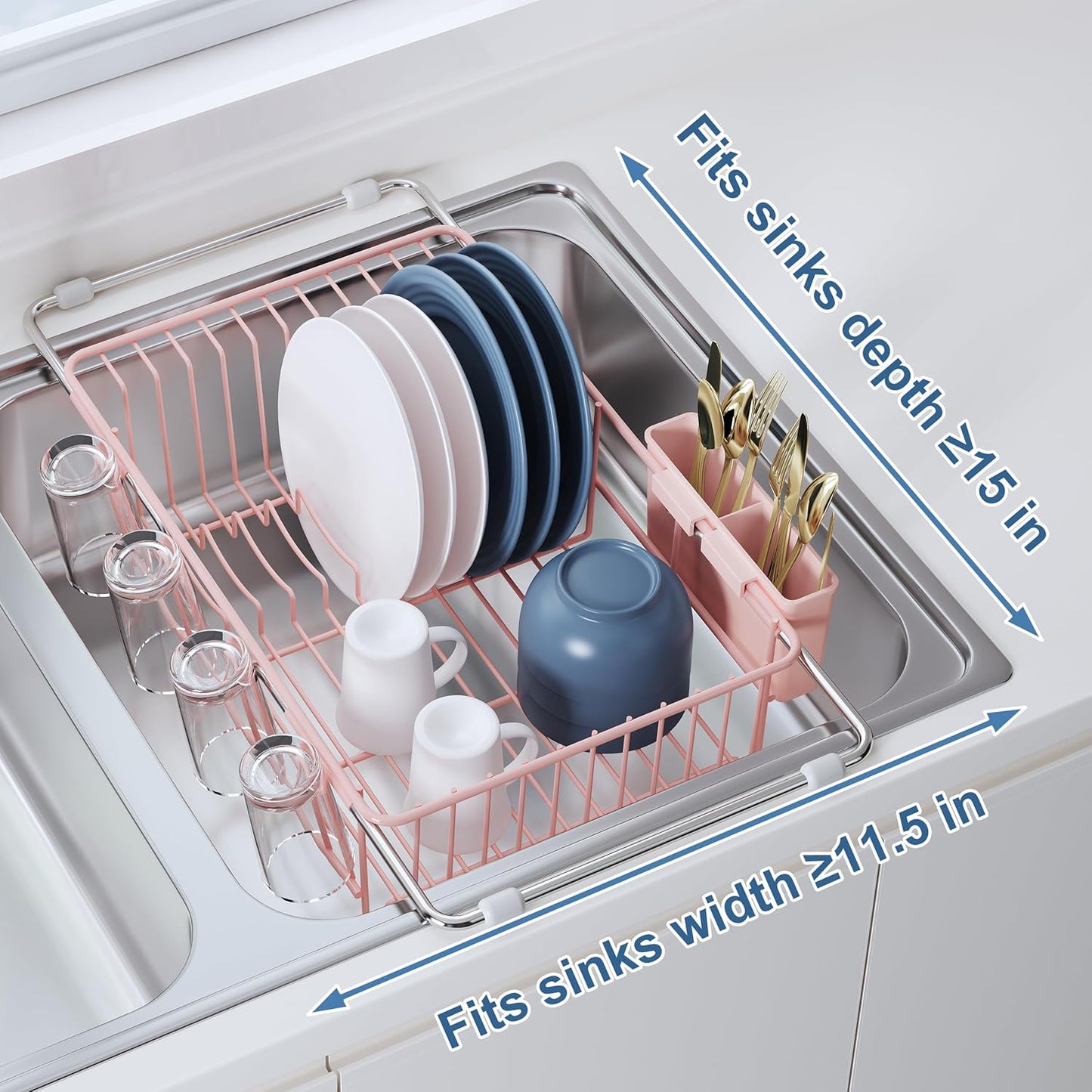 JASIWAY Dish Drying Rack in Sink, Expandable Stainless Steel Dish Drainers for Kitchen Counter, Dish Dryer Rack for Inside Sink, Over The Sink Dish Racks with Utensil Holder, Silver