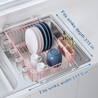 JASIWAY Dish Drying Rack in Sink, Expandable Stainless Steel Dish Drainers for Kitchen Counter, Dish Dryer Rack for Inside Sink, Over The Sink Dish Racks with Utensil Holder, Silver