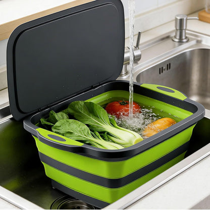 3-in-1 Folding Cutting Boards, Collapsible BBQ Prep Tub with Lid, 9L Container with Strainer, PP+TPR Material Cutting Board, Chopping Board Folds to 1.5Inch Slim for RV, Camping & Small Kitchen