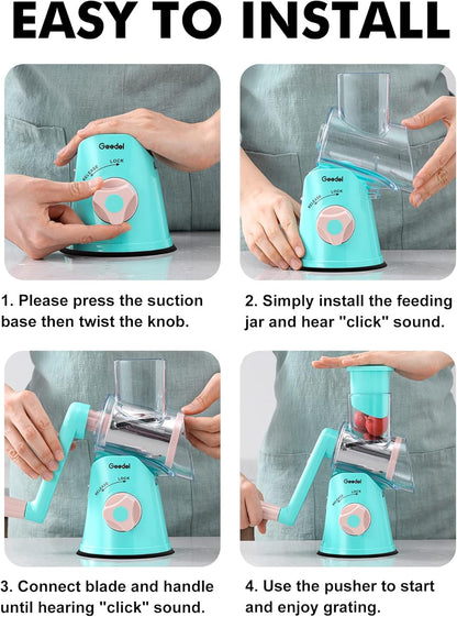 Geedel Rotary Cheese Grater, Kitchen Mandoline Vegetable Slicer with 3 Interchangeable Blades, Easy to Clean Rotary Grater Slicer for Cheese, Vegetables, Nuts