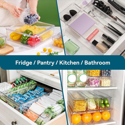 Luckore 4 Piece Refrigerator Organizer Bins, Clear Fridge Organizers and Storage, Stackable with Lids, Food Storage Containers for Fruit, Vegetable, Drinks, Cereals