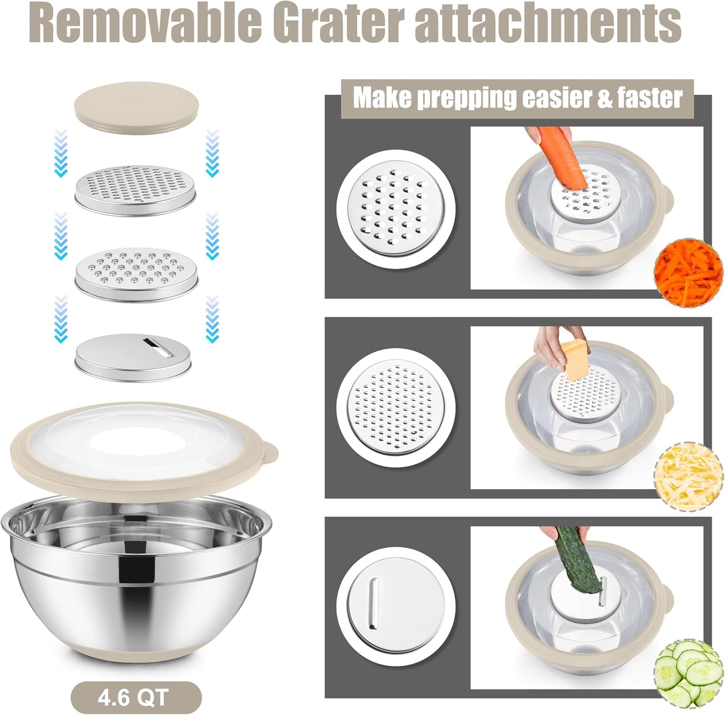 E-far Mixing Bowls with Lids Set, 15PCS Stainless Steel Mixing Nesting Bowl with Colander & 3 Metal Grater for Kitchen Prep/Baking/Storage, Non-Slip Bottom & Airtight Lid, 4.6, 3, 1.5, 1, 0.7QT, Black