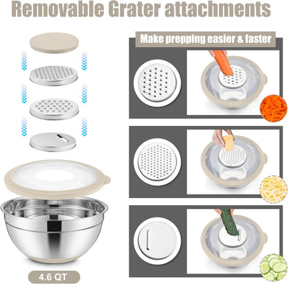E-far Mixing Bowls with Lids Set, 15PCS Stainless Steel Mixing Nesting Bowl with Colander & 3 Metal Grater for Kitchen Prep/Baking/Storage, Non-Slip Bottom & Airtight Lid, 4.6, 3, 1.5, 1, 0.7QT, Black