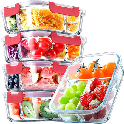 VERONES 5 Pack Glass Meal Prep Containers 3 Compartment Set, 36OZ Airtight Glass Lunch Containers, Glass Food Storage Containers with Lids, for Microwave, Oven, Freezer & Dishwasher Friendly,Green