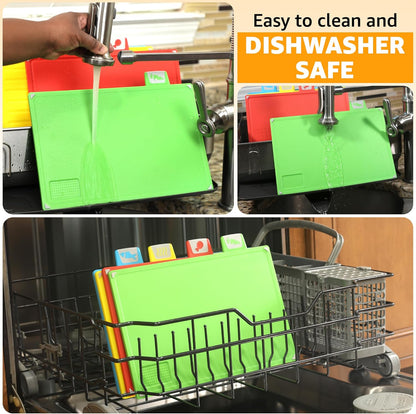 Cutting Board Set: 4-Piece Color-Coded, Non-Slip, BPA-Free, Perfect kitchen essentials for new home, Dishwasher Safe with Premium Scissors and Chopping Board Organizer, Quality kitchen stuff.