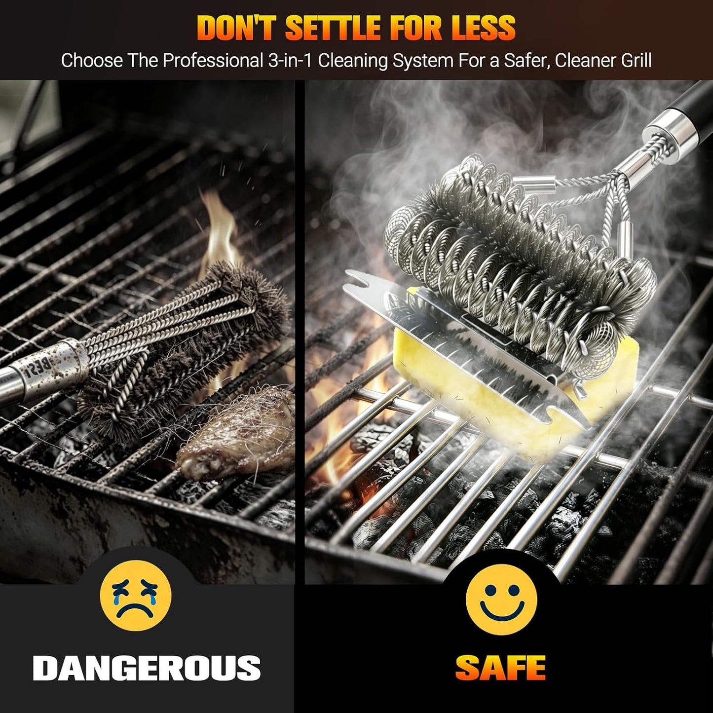 Professional 3-in-1 Grill Brush and Scraper with Safety Second Sweep Sponges - 18" Detachable Long Handle BBQ Cleaner for Heavy Duty Grime - Ideal Father's Day Grilling Gift for Men (Black)