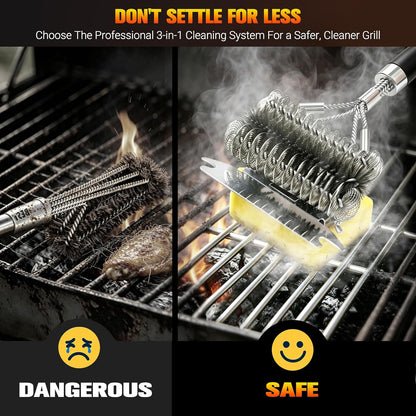 Professional 3-in-1 Grill Brush and Scraper with Safety Second Sweep Sponges - 18" Detachable Long Handle BBQ Cleaner for Heavy Duty Grime - Ideal Father's Day Grilling Gift for Men (Black)