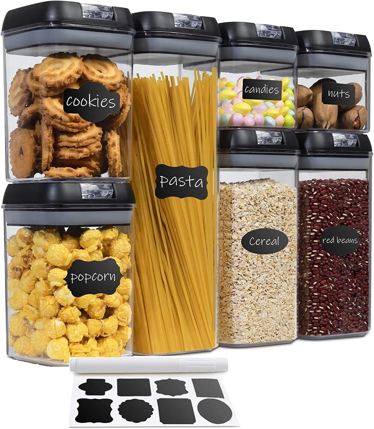 Set of 7 Airtight Food Storage Containers - Pantry Organizer Bins, BPA Free Plastic Containers plus Dry Erase Marker and Labels, White