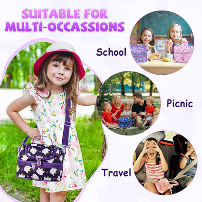 Lunch Bag for Girls,ChaseChic Insulated Lightweight Lunch Boxes for Kids Boys Dual Compartment Lunch Organizer Leak-Proof Cooler Bag with Detachable Adjustable Shoulder Strap,Purple Butterflies