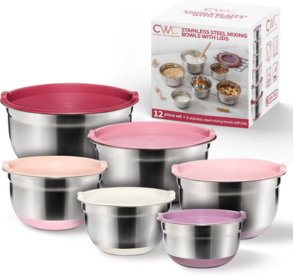 COOK WITH COLOR Stainless Steel Mixing Bowls Set with Lids - Nesting Bowls with Non-Slip Bottom, Sage, 12 Pieces