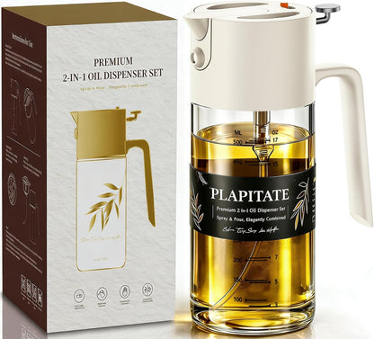 PLAPITATE 17oz/500ml Premium Olive Oil Sprayer for Cooking, 2 in 1 Glass Olive Oil Dispenser Bottle for Kitchen Gadgets, Spray Bottle with Portion Control for Salad, Frying, BBQ (Black)