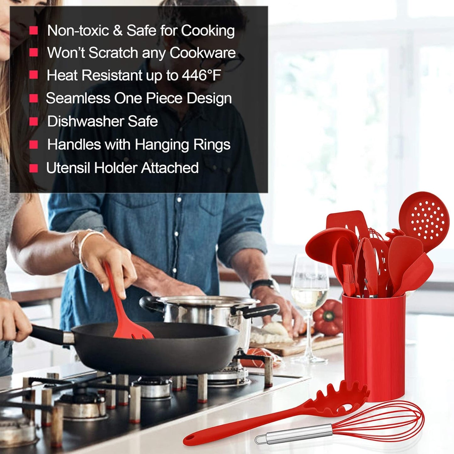 LIANYU 12-Piece Silicone Kitchen Cooking Utensils Set with Holder, Kitchen Tools Include Slotted Spatula Spoon Turner Ladle Tong Whisk, Dishwasher Safe, Dark Blue