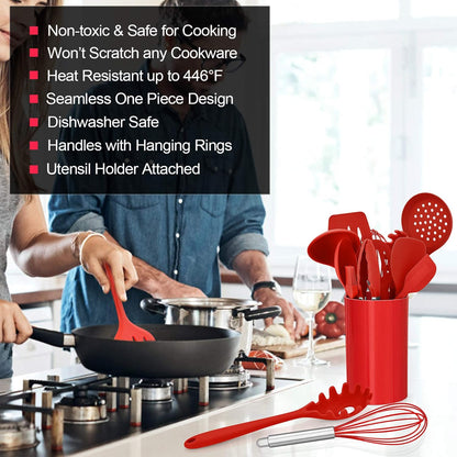 LIANYU 12-Piece Silicone Kitchen Cooking Utensils Set with Holder, Kitchen Tools Include Slotted Spatula Spoon Turner Ladle Tong Whisk, Dishwasher Safe, Dark Blue