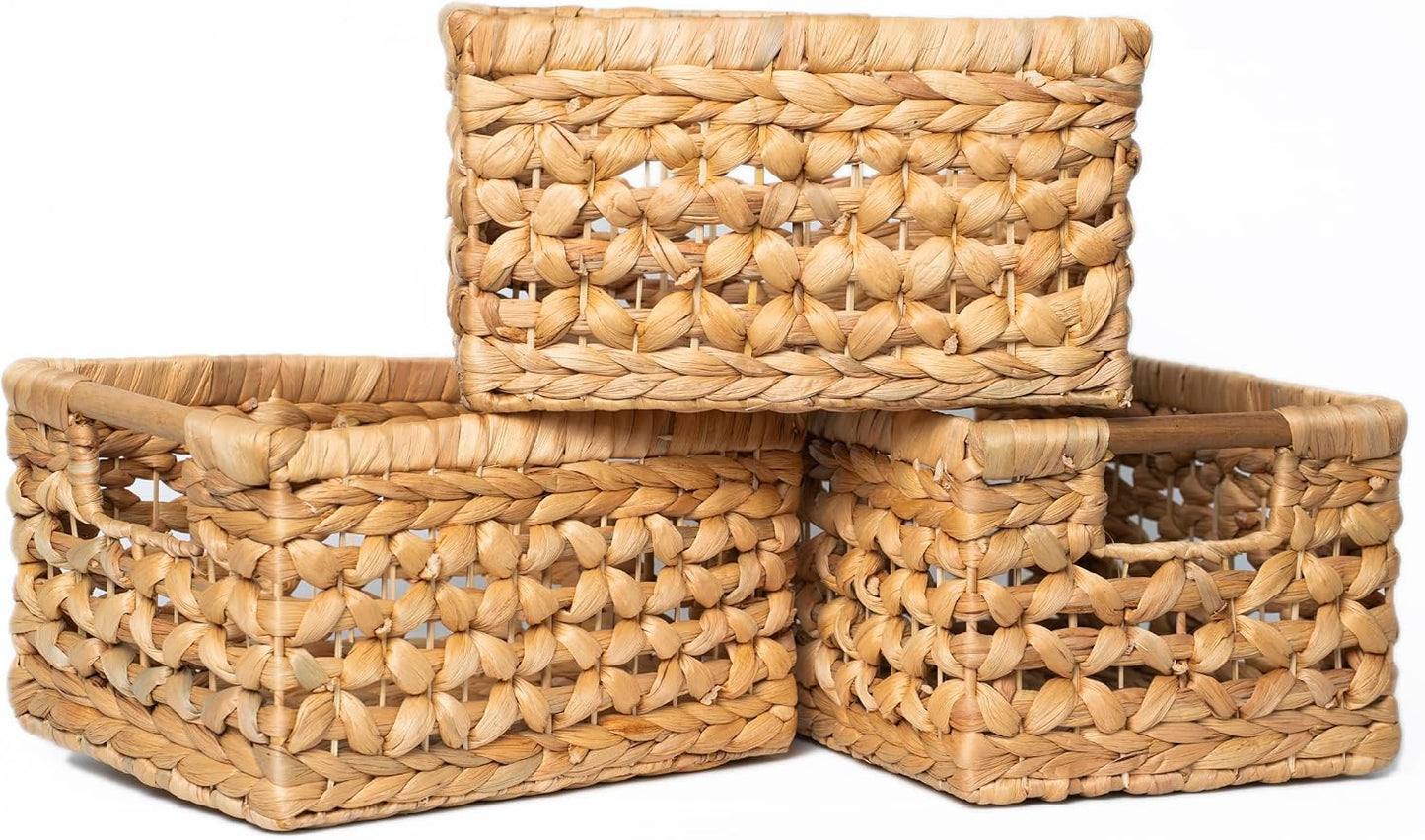 NAYA 11.6" Water Hyacinth Medium Wicker Shelf Basket – Storage Bin | Handwoven water hyacinth shelf basket with sturdy handles for pantry, towels and everyday home organization.
