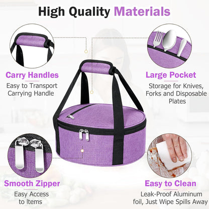 Round Insulated Casserole Carrier – 12" Portable Pie Carrier Bag for Hot or Cold Food, Leakproof Thermal Lunch Tote with Handle for Parties Picnic & Travel - Grey