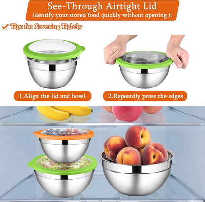 LIANYU Mixing Bowls with Airtight Lids Sets, 3 Packs Stainless Steel Metal Mixing Bowls, Ideal for Prepping, Cooking, Storage, Serving, Freezer & Dishwasher Safe, Khaki