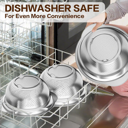 Stainless Steel Strainer with Mixing Bowl, Rice Washer, Colander for Kitchen, Rice Strainer, Fruit and Vegetable Wash, Microporous Colander, Fruit Cleaner Bowl, Dishwasher Safe