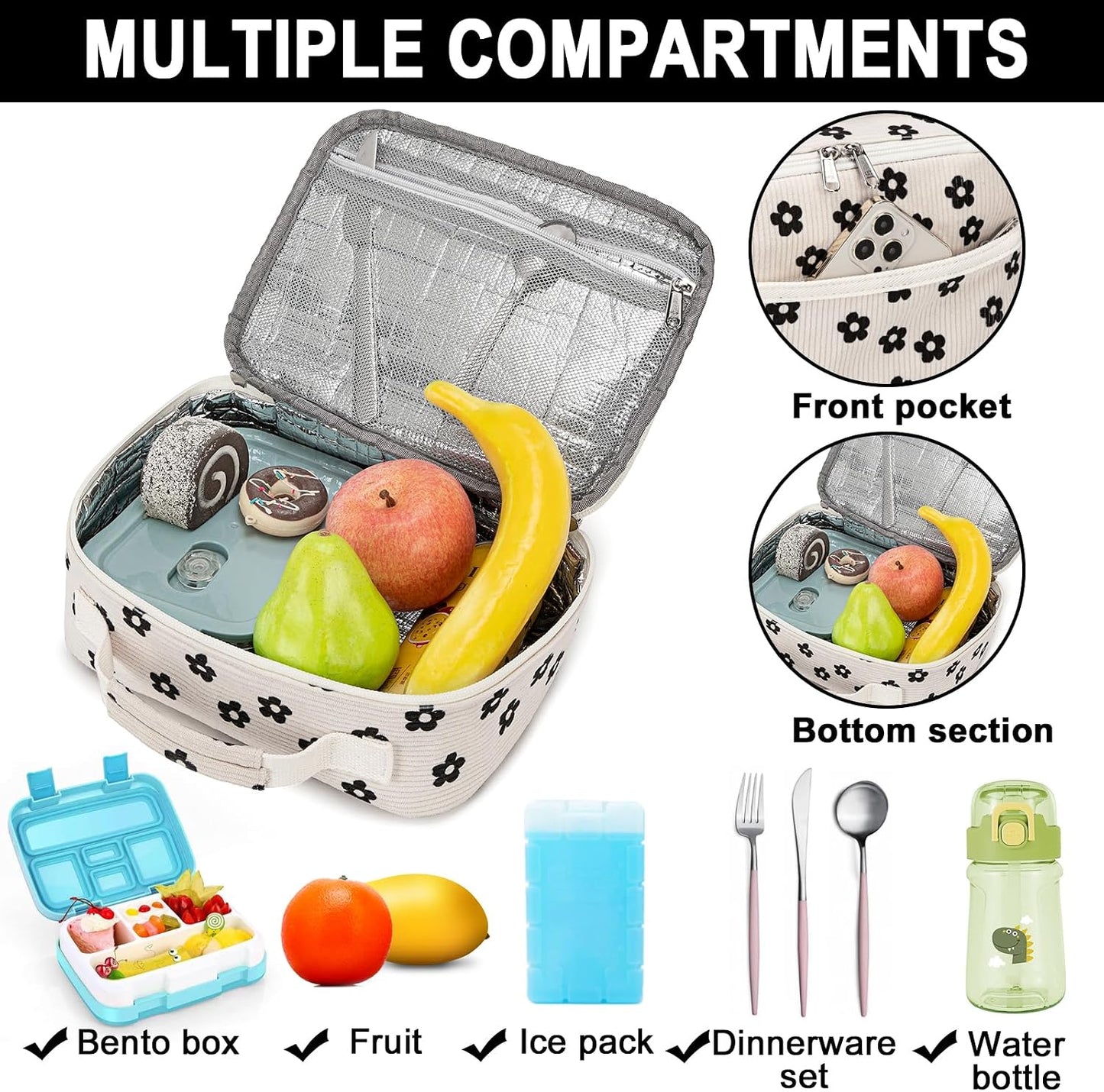 Bluboon Insulated Lunch Bag for Girls & Boys, Corduroy School Lunch Box with Cooler & Organizer Compartments, Leak-Proof Lunch Tote for School, Travel (Corduroy Strawberries Beige)