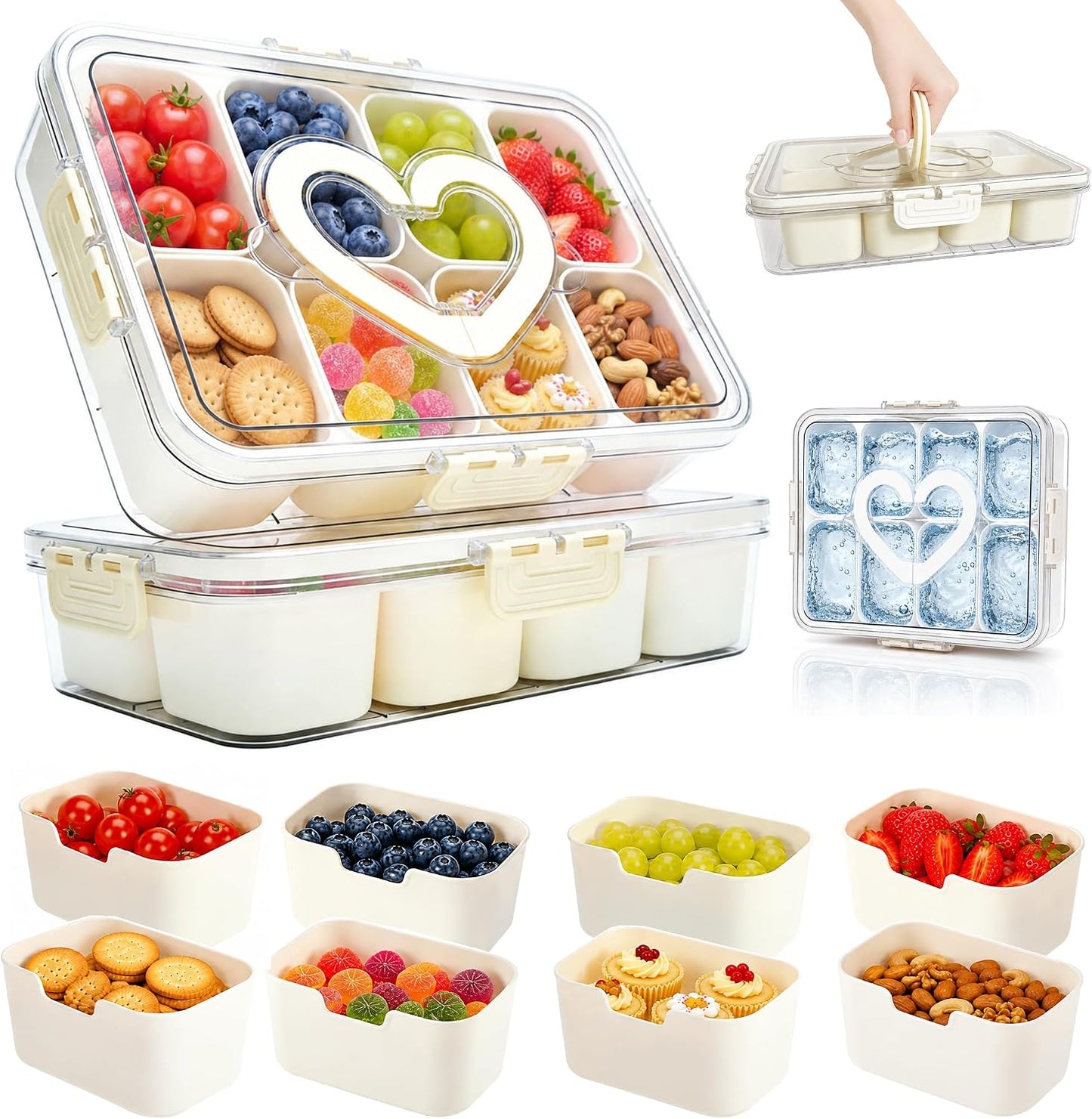 2 Pack Snackle Box Container with 8 Removable Compartments, Portable Snack Tray with Lid and Handle for Travel, Camping, Picnic, Party, Game Day & Movie Night