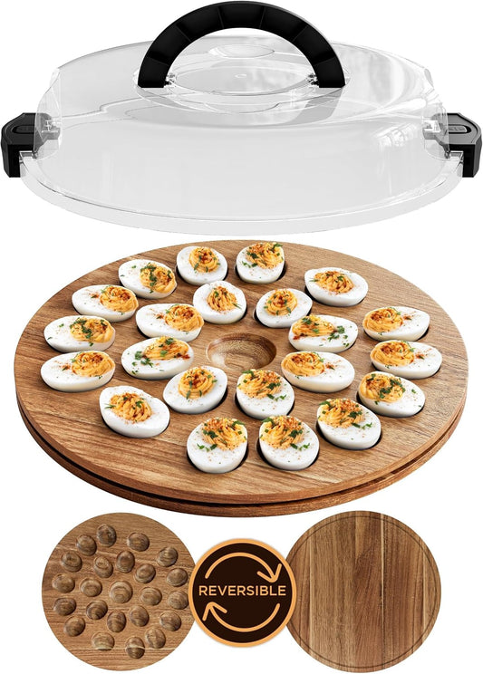 Deviled Egg Carrier with Lid and Handle | Reversible | Wooden Portable Deviled Egg Containers with Lid for Party Travel | Covered Platter Tray Holder | Holds 22 Eggs, Acacia Wood