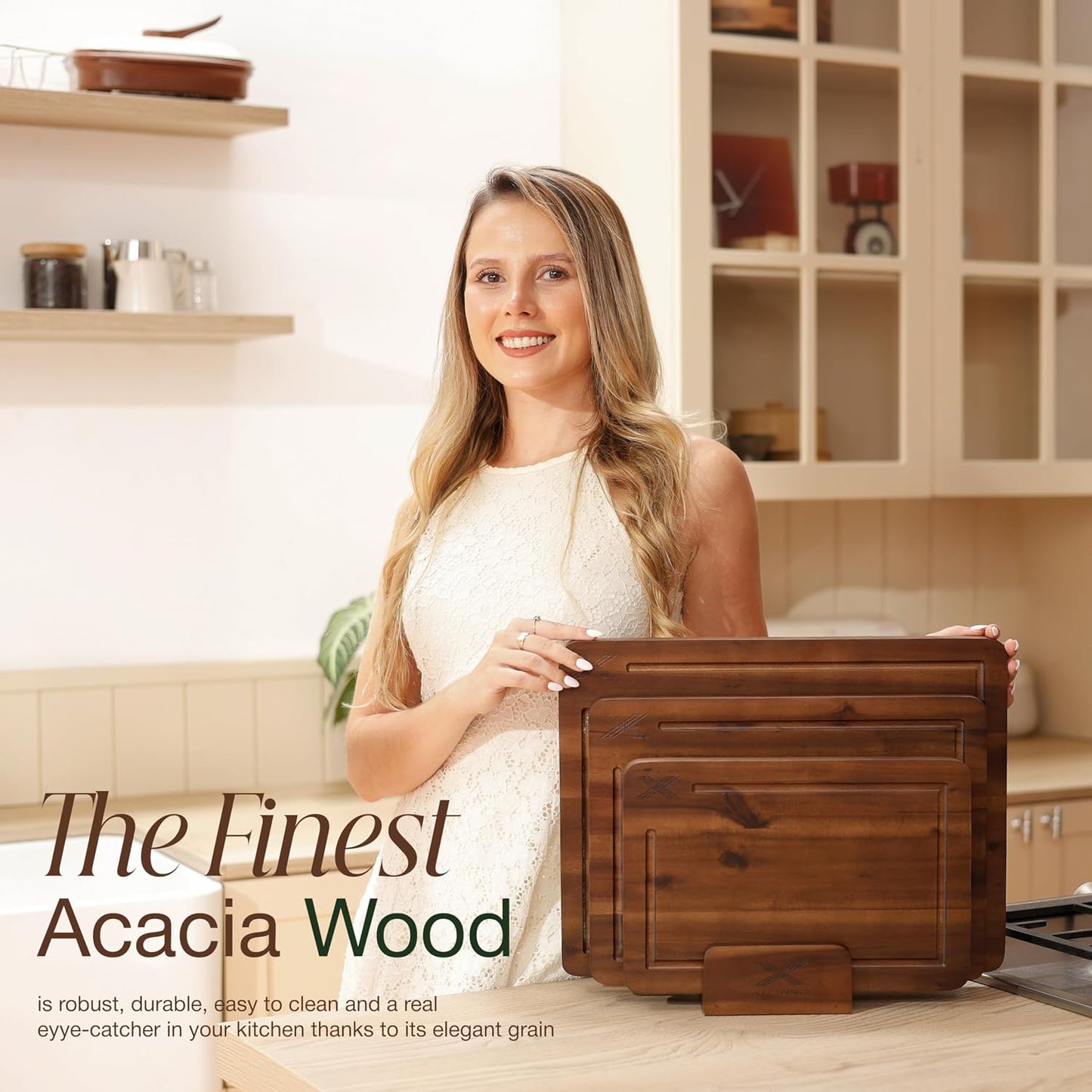 Acacia Wood Cutting Board Set of 3 with Stand - Thick Wooden Chopping Boards with Deep Juice Grooves - Non-Slip & Durable Wooden Boards for Meat & Vegetables (16x12, 14x10, 12x8) - Natural