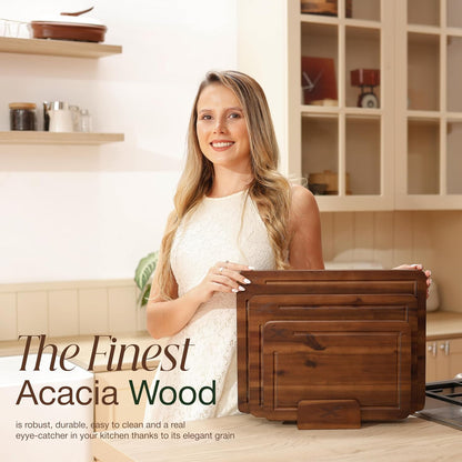 Acacia Wood Cutting Board Set of 3 with Stand - Thick Wooden Chopping Boards with Deep Juice Grooves - Non-Slip & Durable Wooden Boards for Meat & Vegetables (16x12, 14x10, 12x8) - Natural