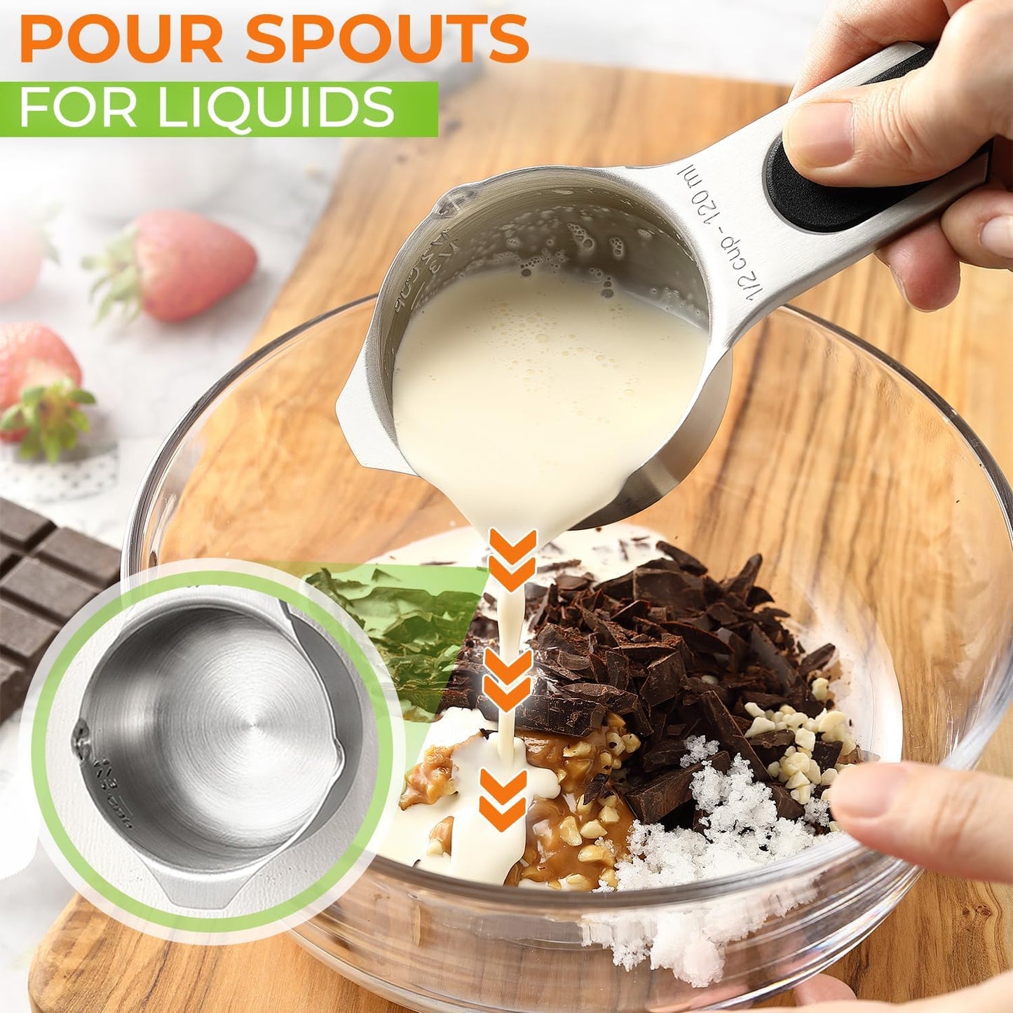Spring Chef Stainless Steel Measuring Cups Set of 7 with Pour Spout - Nesting Kitchen Tools with Easy Read Markings to Measure Dry or Liquid Ingredients - Metal Measuring Cups for Baking & Cooking