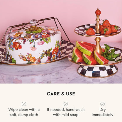 MACKENZIE-CHILDS Cake Carrier, Cake-Dish Serving Platter with Lid and Handles, White Flower Market with Black-and-White Courtly Check