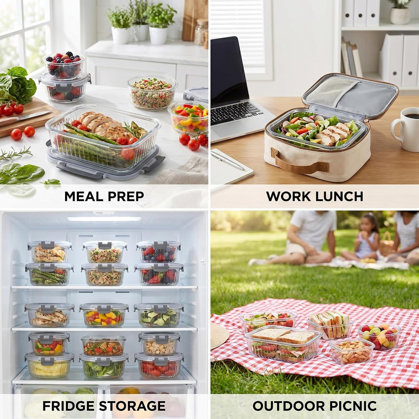 Glass Food Storage Containers with Lids, 12 Piece Glass Meal Prep Containers Set, Airtight Leakproof Snap Lock Lids, BPA-Free, Freezer Microwave Oven Dishwasher Safe, Ribbed Glass Containers