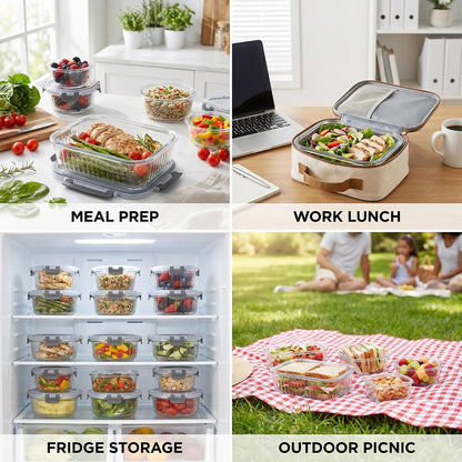 Glass Food Storage Containers with Lids, 12 Piece Glass Meal Prep Containers Set, Airtight Leakproof Snap Lock Lids, BPA-Free, Freezer Microwave Oven Dishwasher Safe, Ribbed Glass Containers