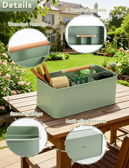 Caddy Organizer with Wooden Handle, Metal Utensil Caddy with 4 Compartments, Picnic Caddy Paper Plate Organizer Utensil Holder for Party