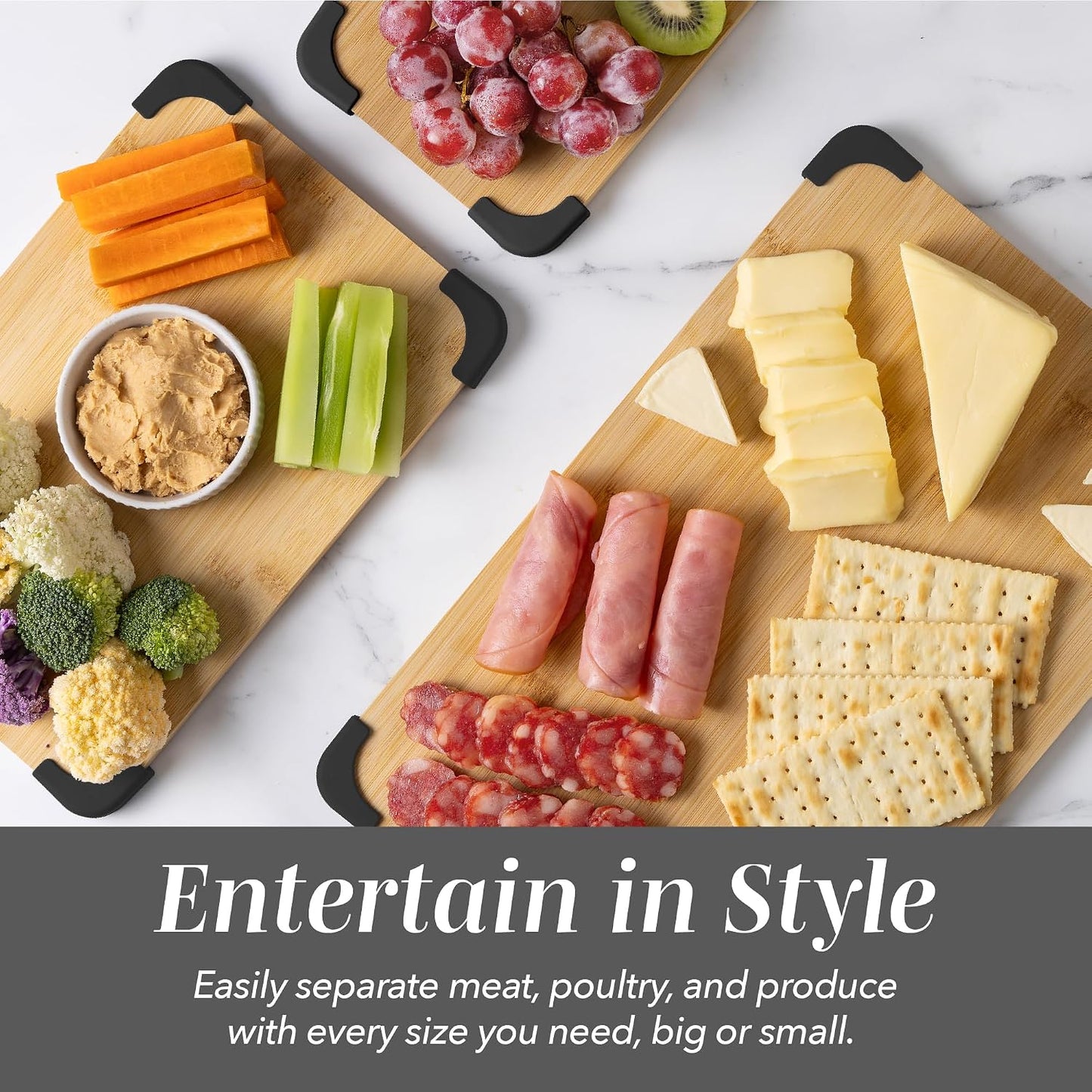 COOK WITH COLOR Non-Slip Cutting Board Set – Kitchen Essentials with Easy Grip Handle for Meat, Veggies, and Fruits, 3 Cutting Boards, Bamboo Non-Slip Grey