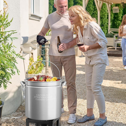 Bonnlo 30QT Aluminum Stock Pot for Boiling Seafood, Crawfish & Crab, Frying Turkey & Steaming Tamales, Large Boil Pot with Strainer Basket, Lid, Lifting Hook & Steamer Rack for Outdoor Cooking