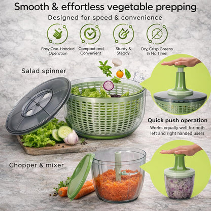 Brieftons Salad Spinner and Chopper Combo: Large 6.34-Quart Lettuce Greens Vegetable Washer Dryer with Bonus 0.95-Quart Push Veggie Chopper Mixer, Storage Lids, Collapsible, No Electricity, Easy Prep