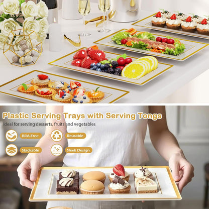 6 Sets Plastic Serving Trays with Serving Tongs, White & Gold Rim Disposable Plastic Serving Platters for Food Fruit Dessert Tea Party Wedding