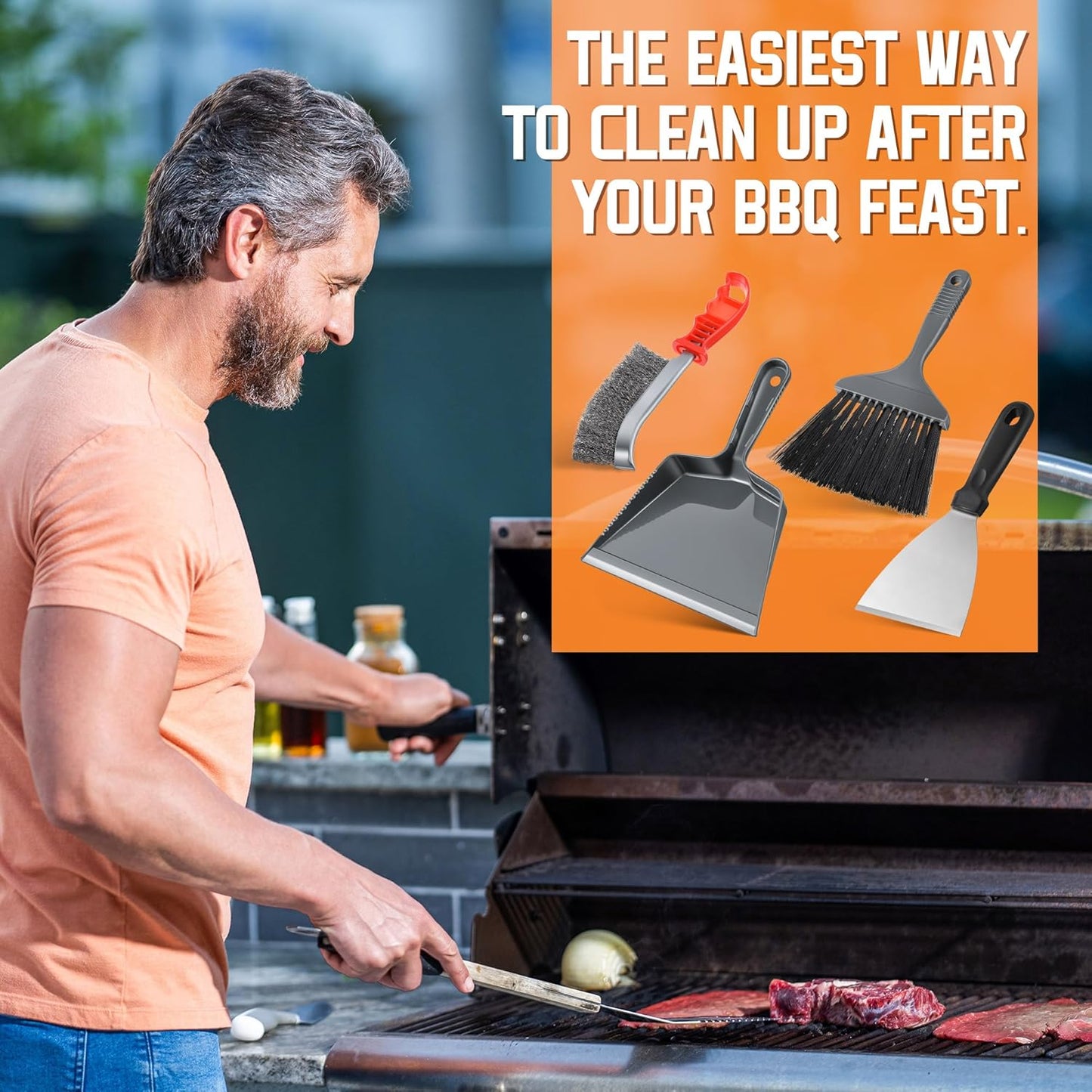 3 Piece Pellet Grill Ash Cleaning Kit, Includes Large Dust Pan, Soft Bristle Brush and Metal Scraper for Easy Removal of Ash, Debris and Grime