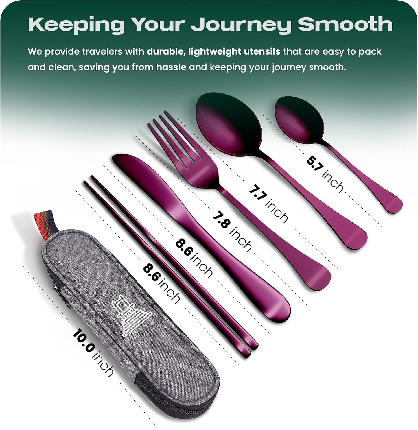 Taplord Portable Travel Silverware Set With Case, Includes 10 Pcs of Travel Utensils With Case, Stainless Steel Flatware Set For Camping, Lightweight (Multi-Color)