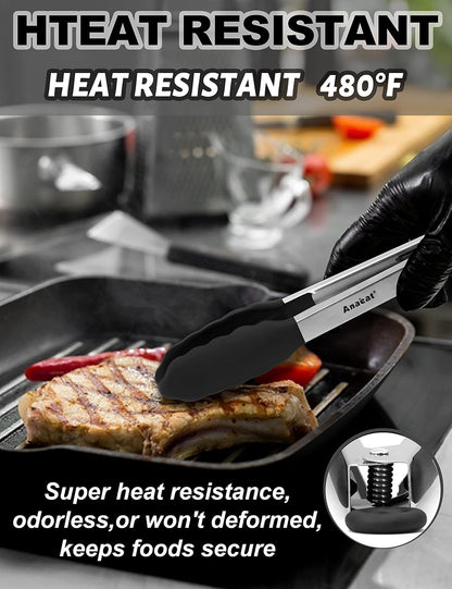 Anaeat Premium Kitchen Locking Tong Set of 3 - Heavy Duty Stainless Steel Food Tongs with Long Handle & Non-Slip Silicone Grip for Cooking, Baking, Grilling - Heat Resistant up to 480°F