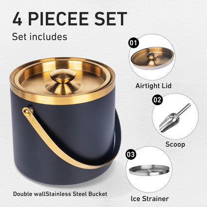 3L beige white Double Wall Insulated Stainless Steel Ice Bucket with scoop for Cocktail Bar,Metal Ice Bucket for freezer with Lid for parties.ice Container to Keep Ice Colder,bar cart accessories