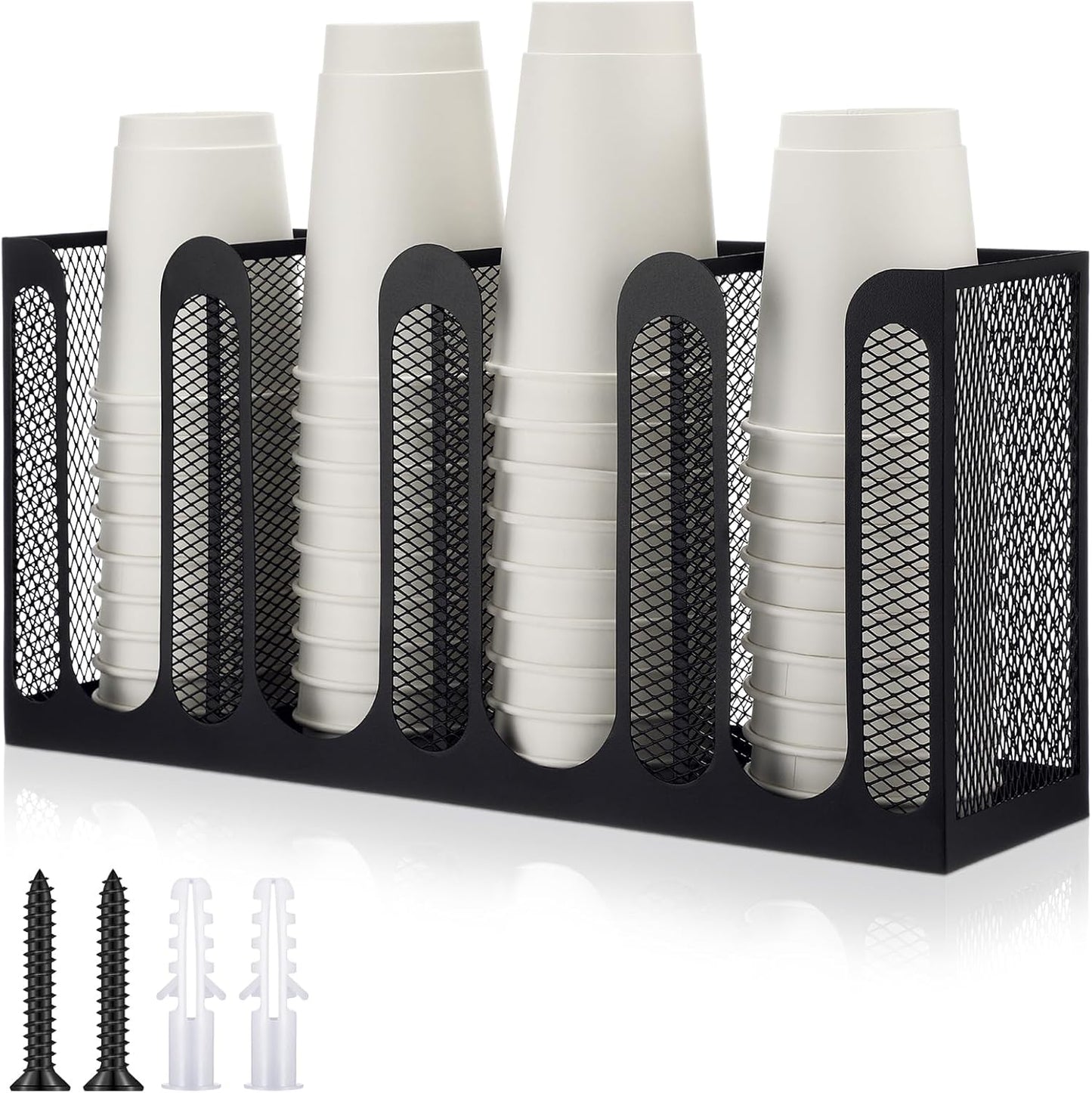 Maxcheck Metal Mesh Cup and Lid Holder Coffee Paper Cup Dispenser Lid Holder Storage Organizer Countertop or Wall Mount for Coffee Bar, Kitchen, Breakroom(4 Compartments,16.1 x 4.1 x 8 Inch)