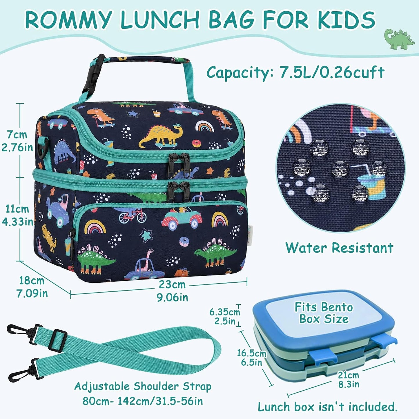 Kasqo Lunch Bag Kids, Dual Compartment Insulated Cooler Bag 7.5L Girls Boys Toddler Lunch Box Containers for Daycare School Kindergarten Travel Ombre Butterfly