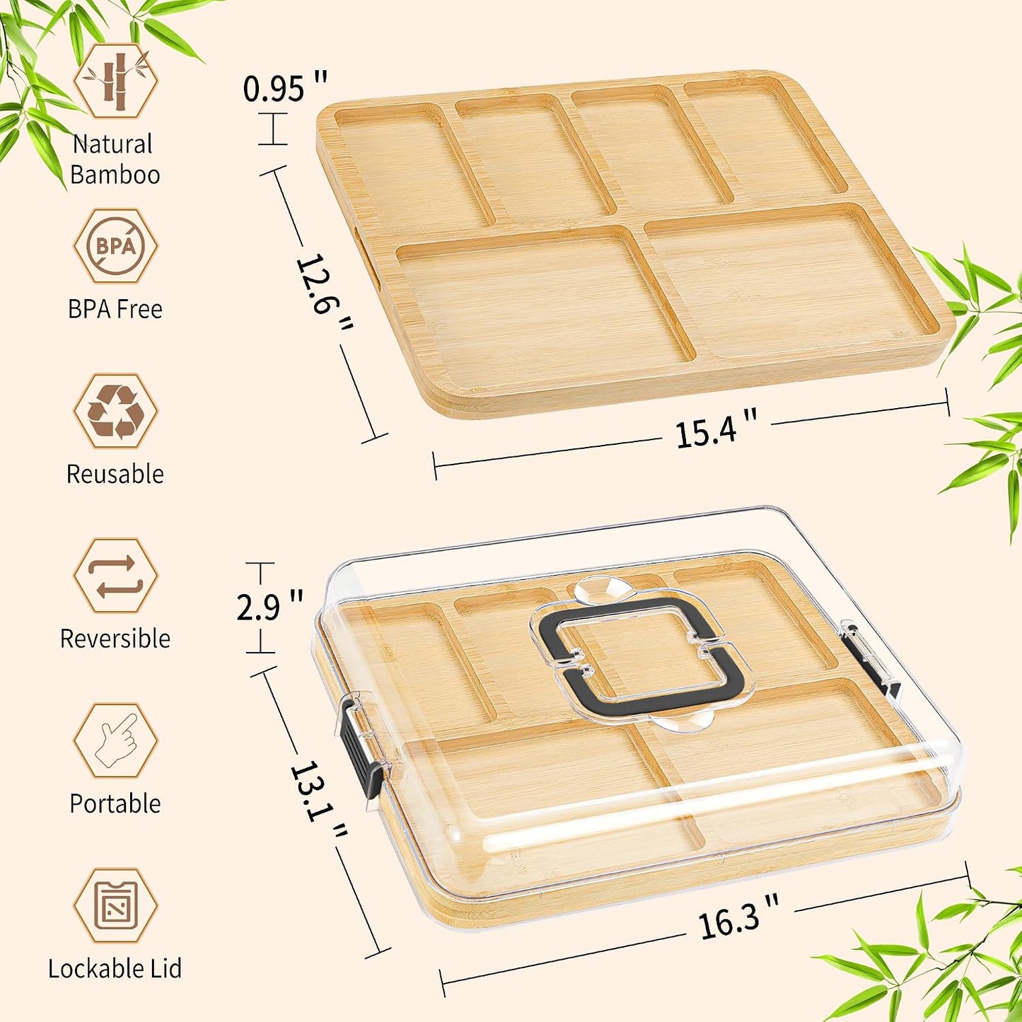 CAWIU Portable Travel Charcuterie Board with Lid and Handle - Large Bamboo Cheese Board with 4 Cheese Knife Set for Outdoor, Picnics - Weddings, House Warming Gift for Women (1 Compartment, White)