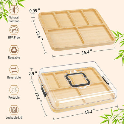 CAWIU Portable Travel Charcuterie Board with Lid and Handle - Large Bamboo Cheese Board with 4 Cheese Knife Set for Outdoor, Picnics - Weddings, House Warming Gift for Women (1 Compartment, White)