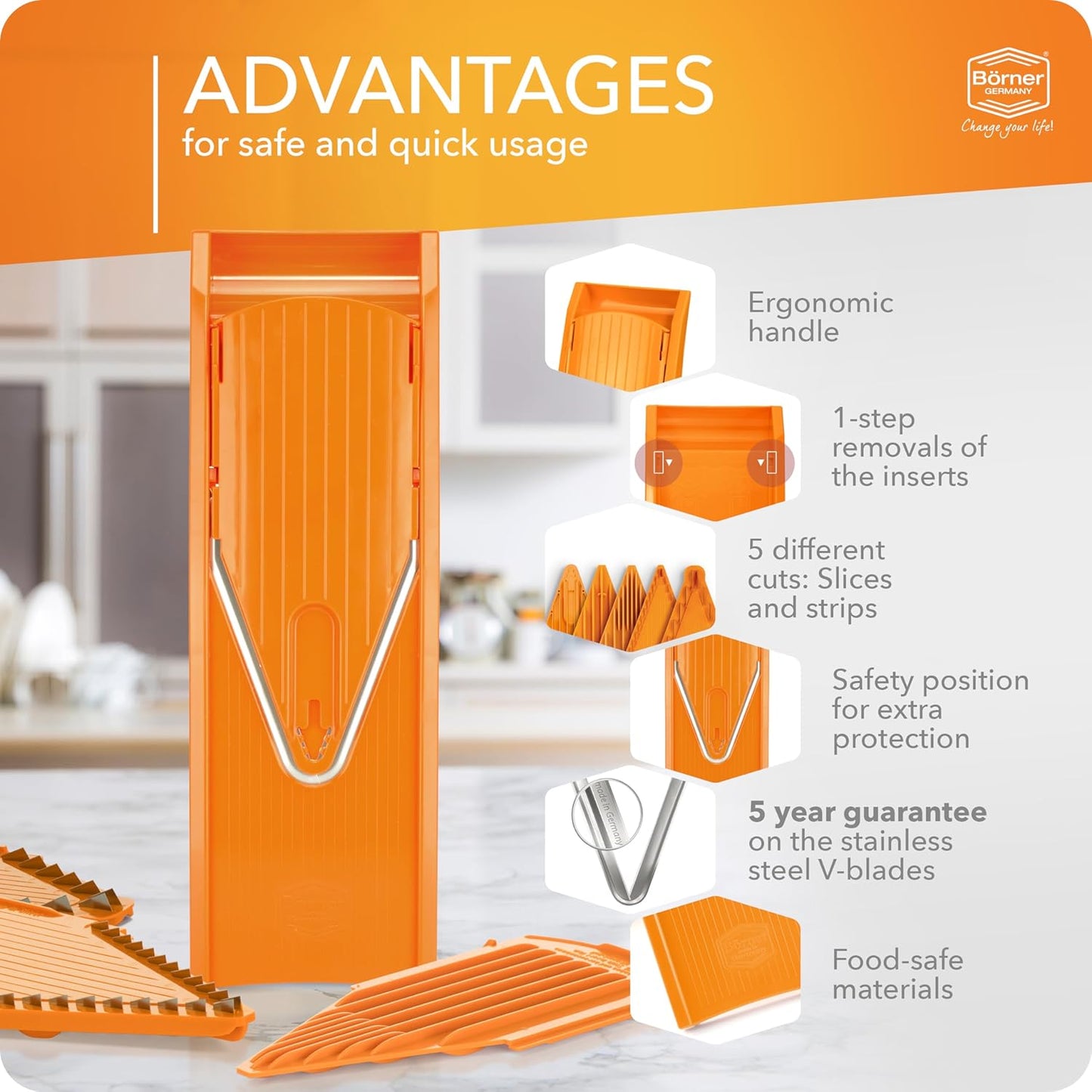 BORNER V Mandoline Slicer Kitchen V1 ClassicLine Starter Set | Vegetable Grater Börner - Quality Made in Germany, Color:White