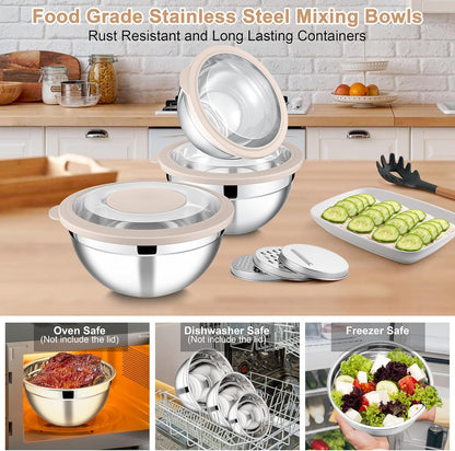 E-far Mixing Bowls Set of 5, Stainless Steel Salad Mixing Bowl with Transparent Lid, Metal Nesting Bowl Attach with 3 Graters for Kitchen Prepping/Serving/Baking/Storage, 4.6/2.6/1.5/1/0.7 QT - Black