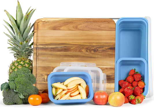 TidyBoard Meal Prep System Base Pack - Over-the-Sink Smart Chopping Board with 1 Large & 2 Small Silicone Tubs & Lids - 1” Thick Acacia Wood Cutting Board with Containers, 7 pieces
